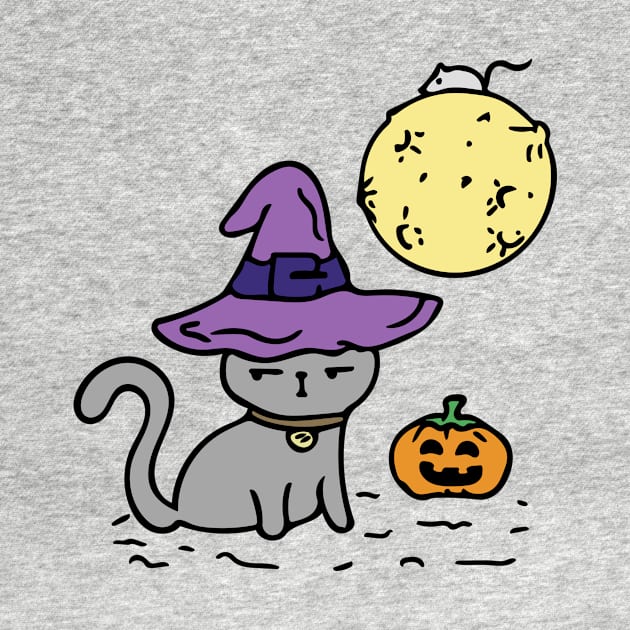 Funny Halloween cat in a hat with the moon, pumpkin, and a mouse. by ArtsByNaty